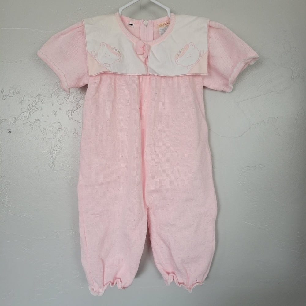 Friemanit Vintage Baby Girl 9 Months Light Pink Knit Outfit Square Collar Bear